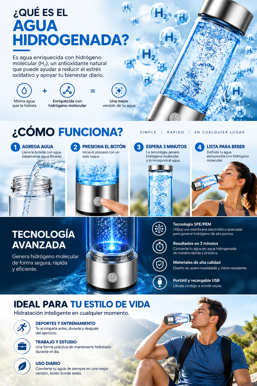 Botella Generadora de Agua Hidrogenada